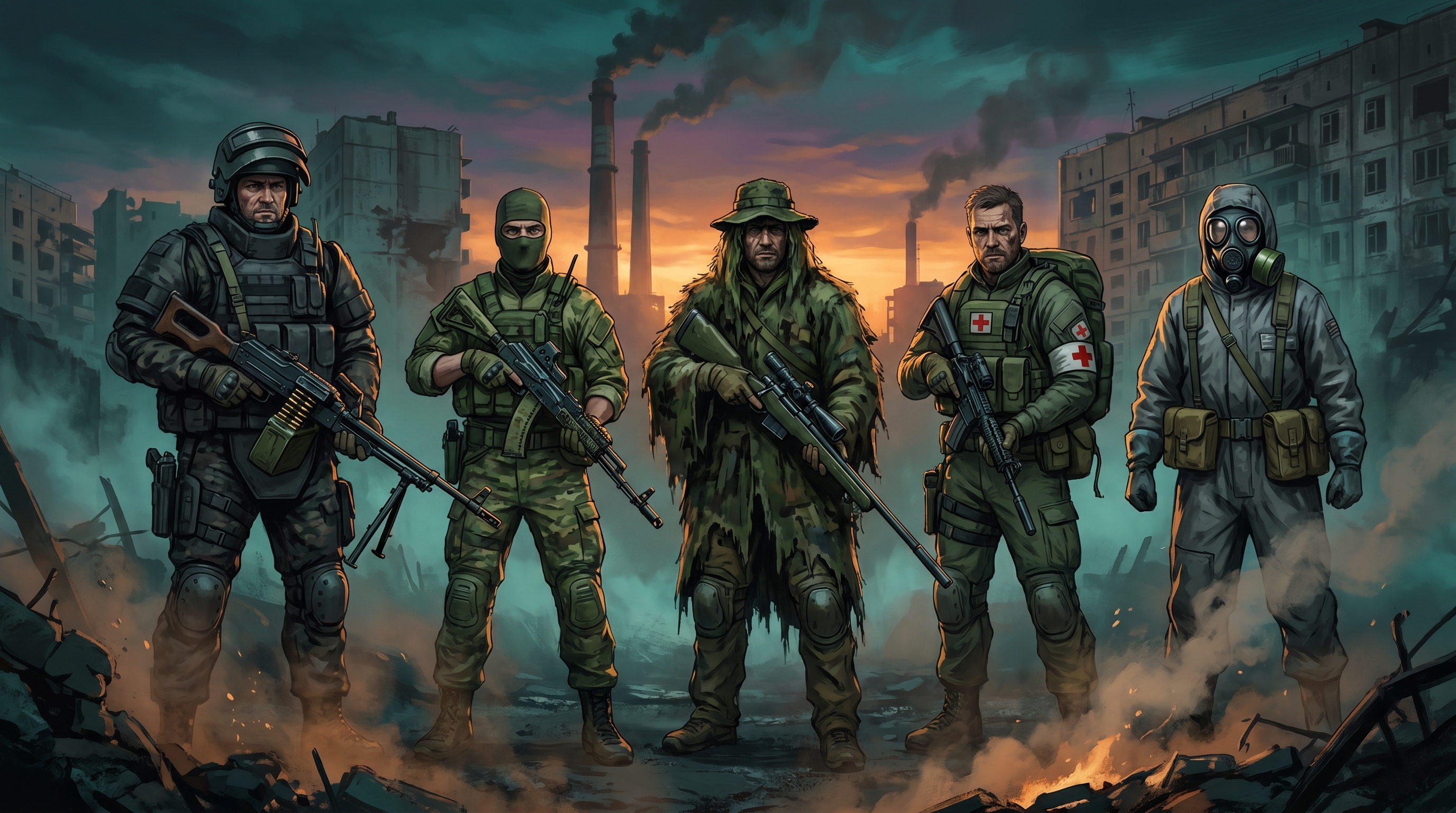 Five DME operators in distinct custom sets on a post-apocalyptic battlefield