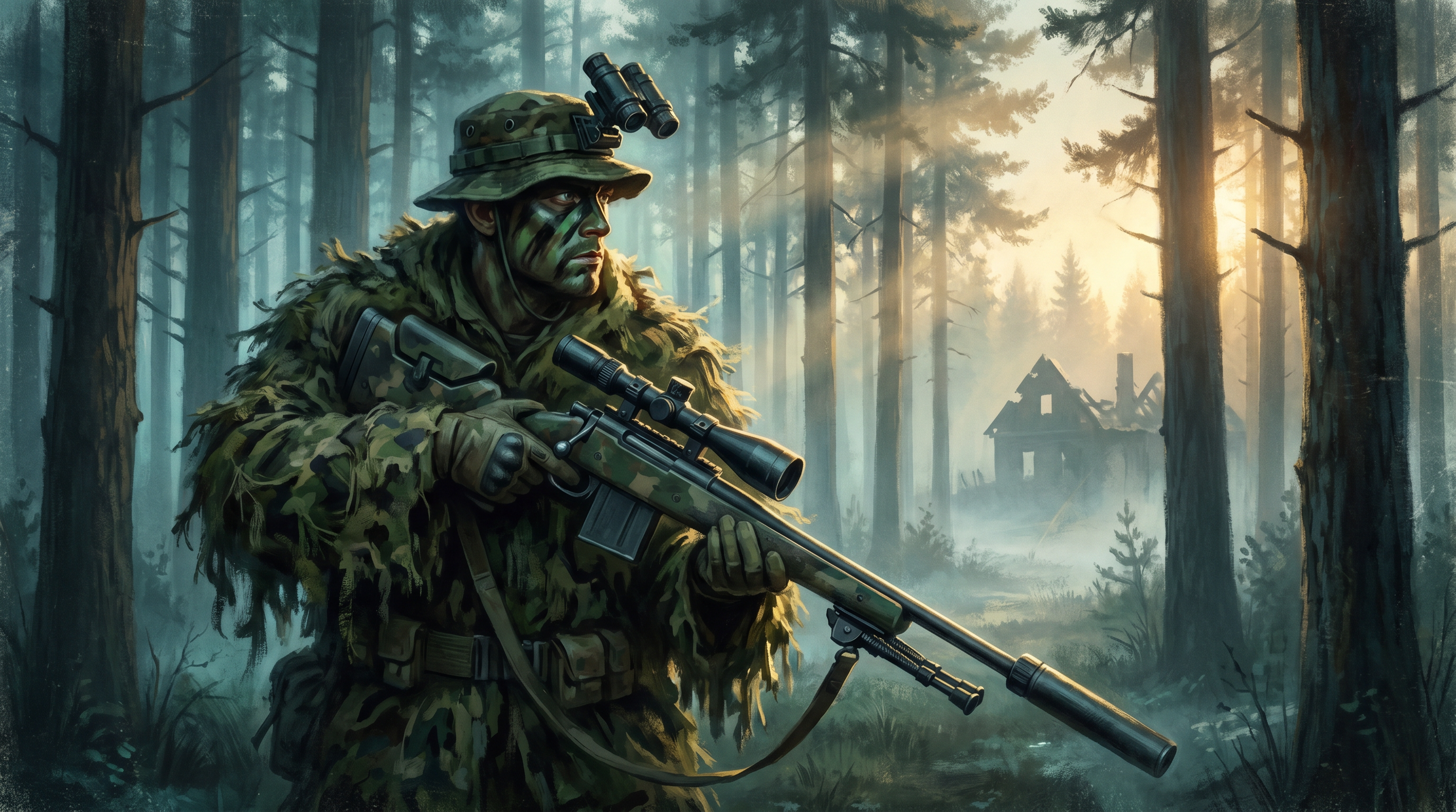 Recon sniper in M81 Woodland ghillie inside misty forest