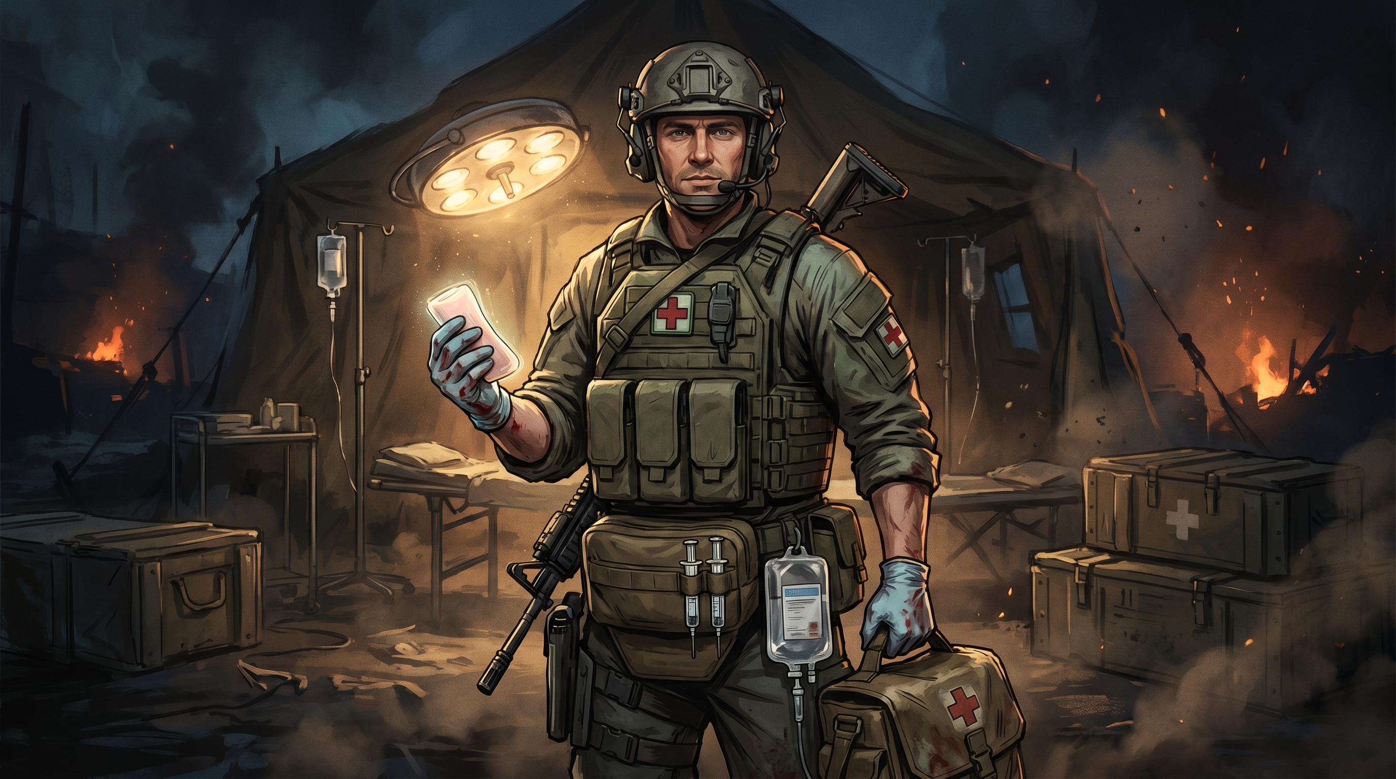 Combat medic in Ranger Green inside a field hospital