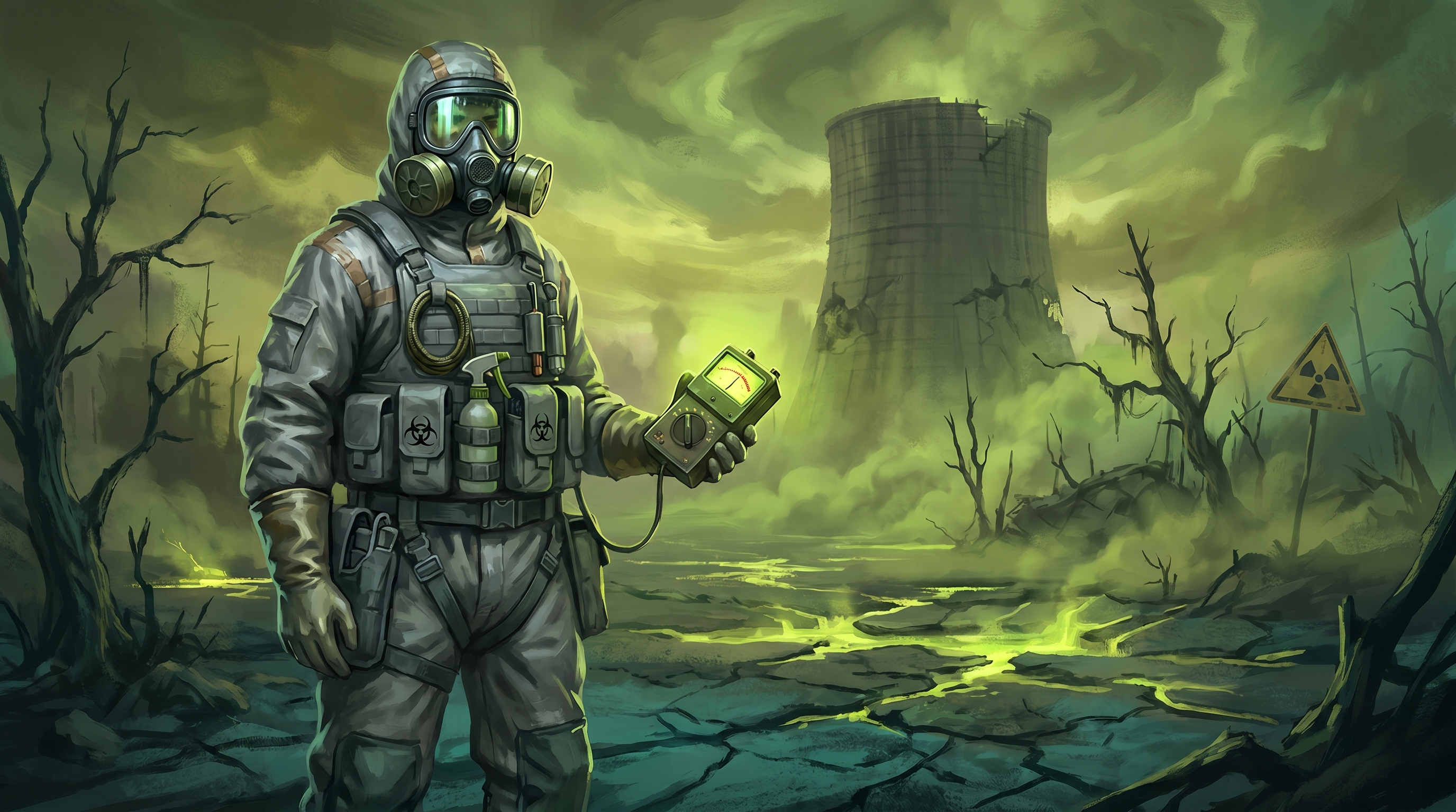 Hazmat operator in NBC suit with gas mask