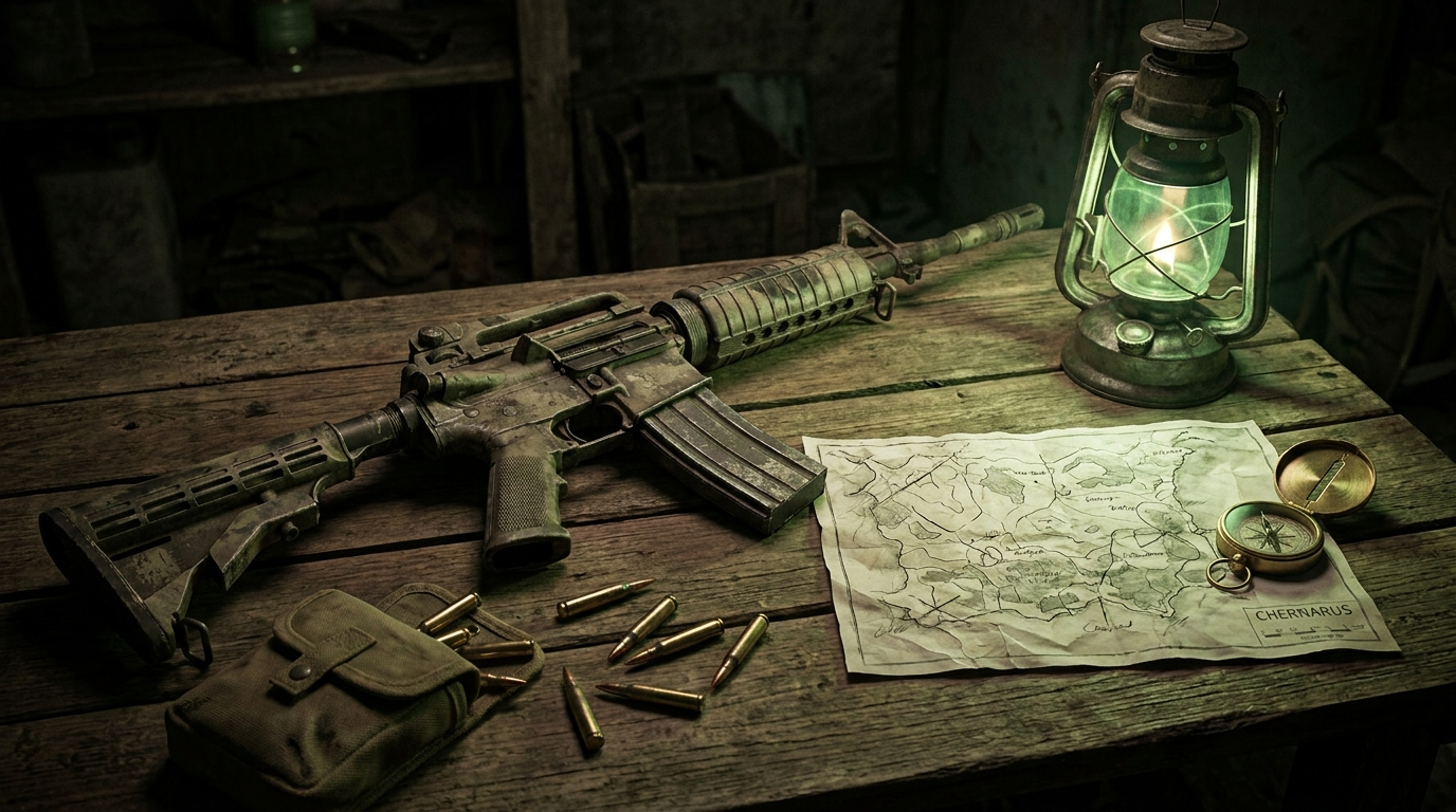 M4 und Karte von Chernarus auf Holztisch