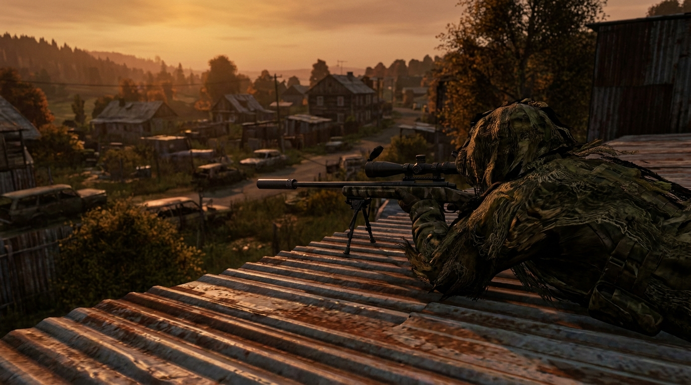 Ghillie-Sniper auf Dach bei Sonnenuntergang