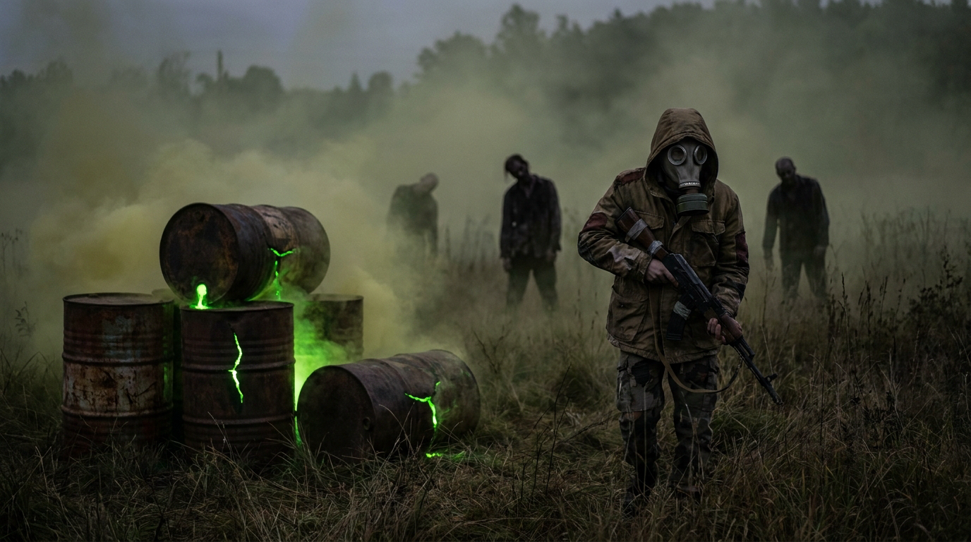 Giftgaszone mit leckenden Fässern, grünem Nebel und Zombie-Silhouetten