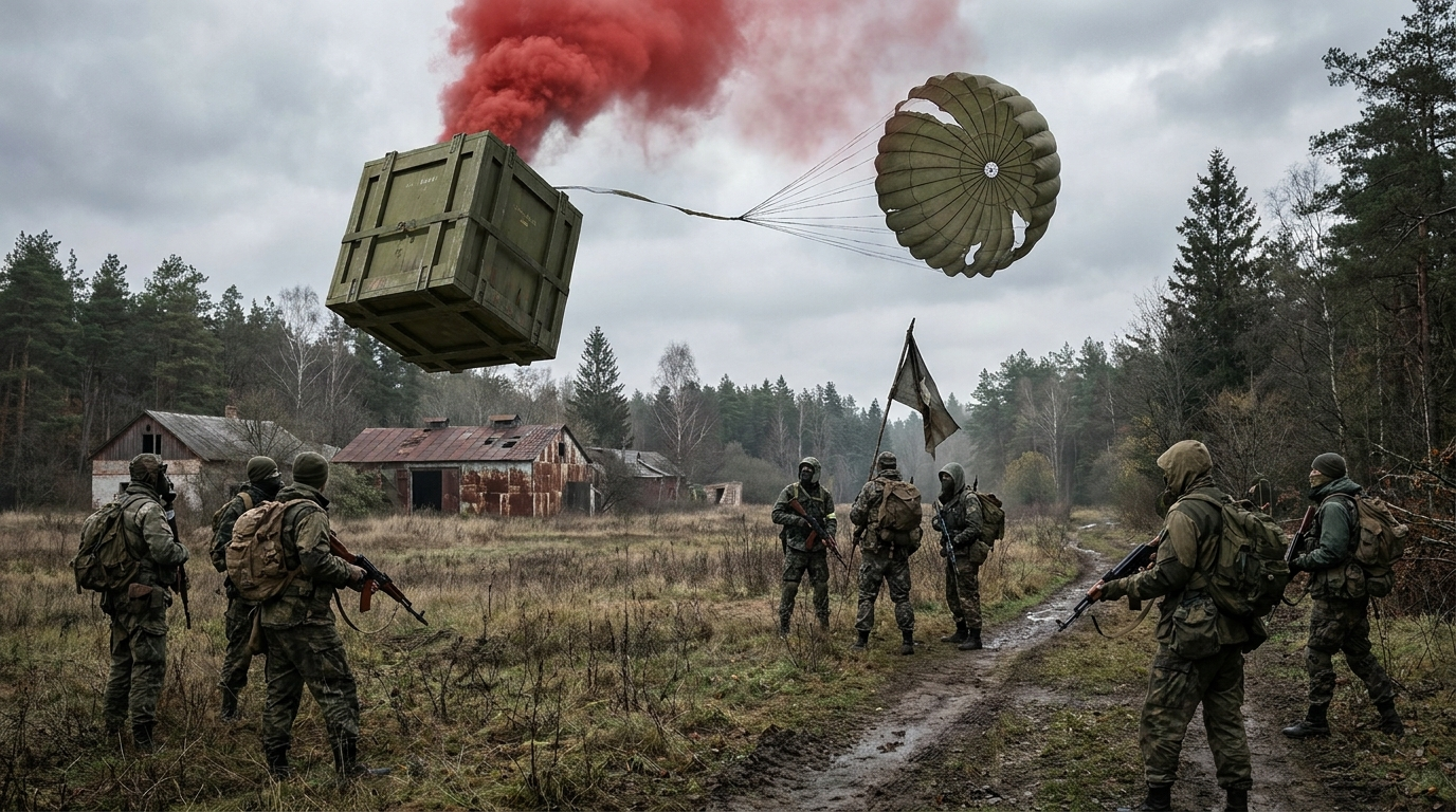 Airdrop mit rotem Rauch, Squads nähern sich