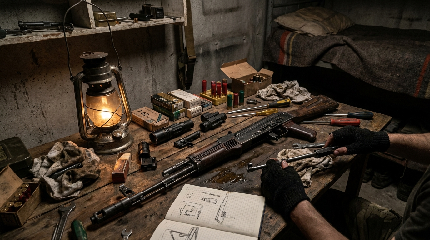 Zerlegtes Gewehr mit Aufsätzen und Munition auf Werkbank