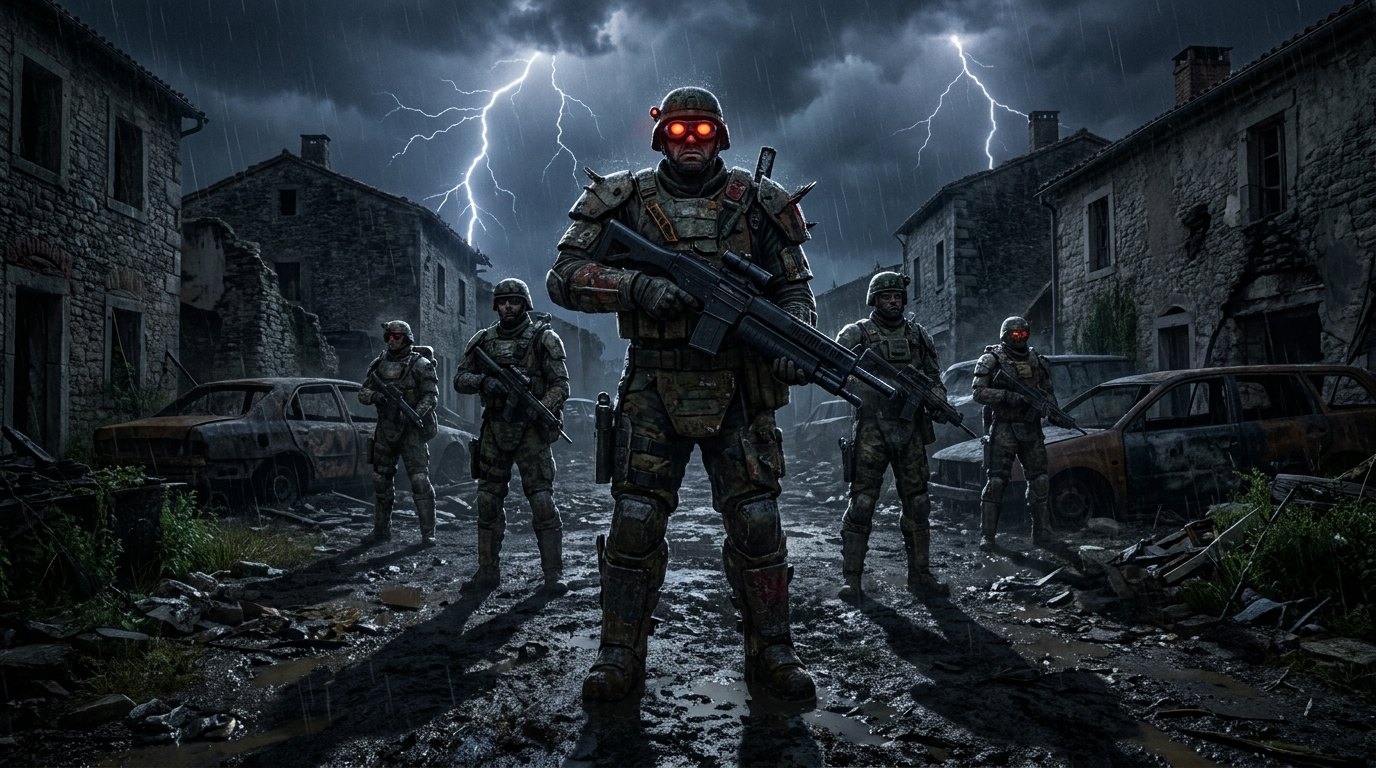 Gepanzerter Boss mit leuchtenden Augen und Elite-Wachen bei Nacht